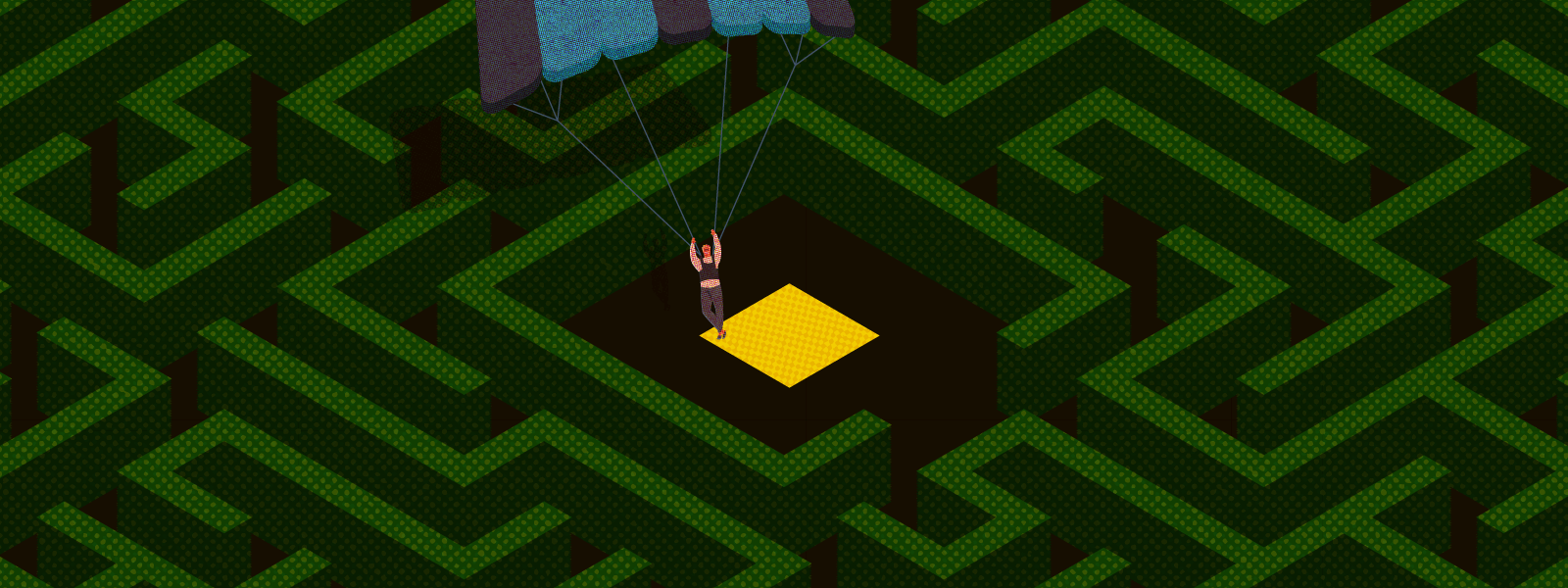 Illustration of a white person parachuting into the center of the maze.